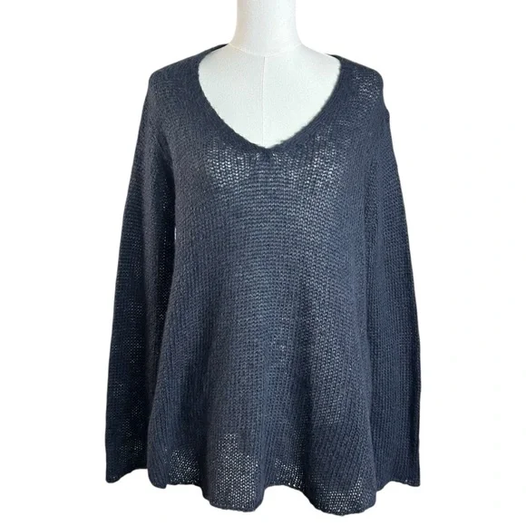 Wooden Ships Wool Mohair V Neck Navy Open Knit Tunic Sweater Size Medium Large - Picture 1 of 7